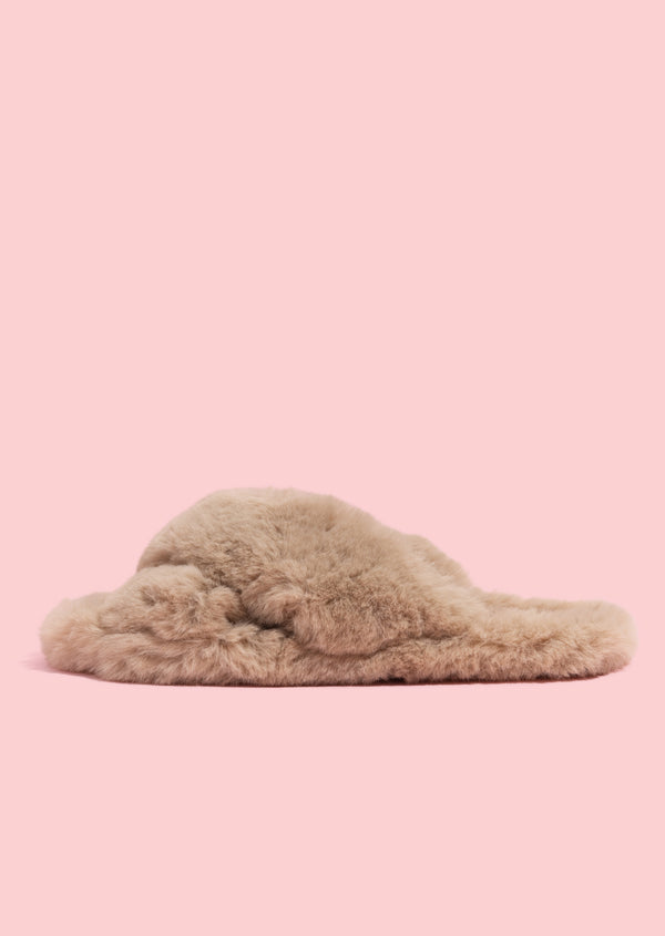 Fur Crossover Slide Beige